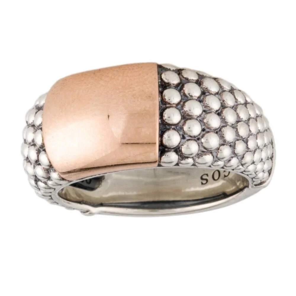 LAGOS TWO-TONE 18K ROSE GOLD & STERLING SILVER CAVIAR HIGH BAR RING - Picture 3 of 9